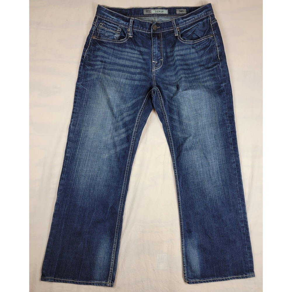 BKE Derek Bootcut Jeans Mens 34S Medium Wash Distressed Denim GBM12043S 34x29